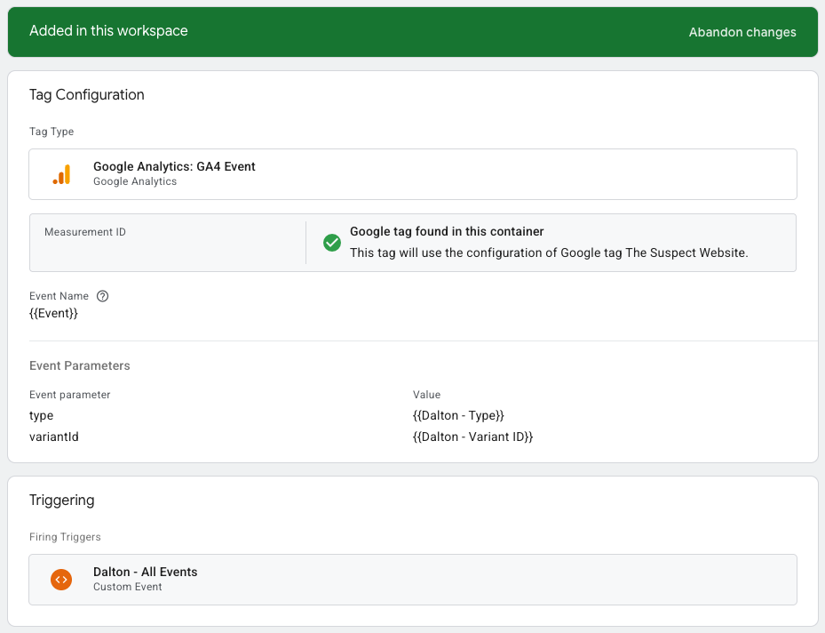 Completed Dalton_Tag overview in GTM