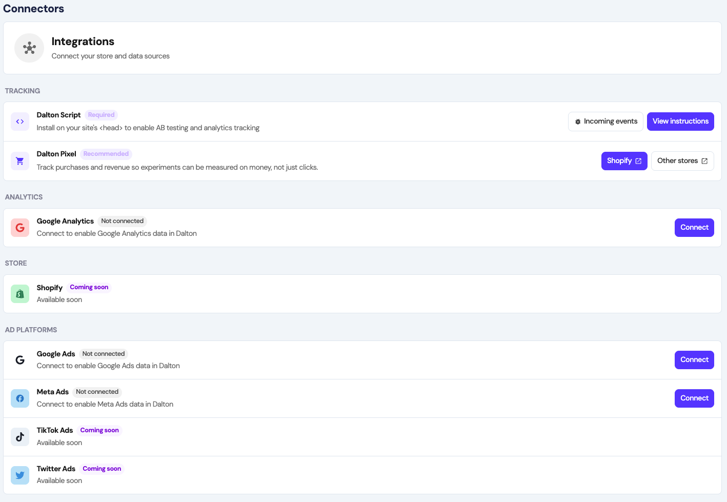 The Connectors page, showing tracking, analytics, store and ad platform integrations
