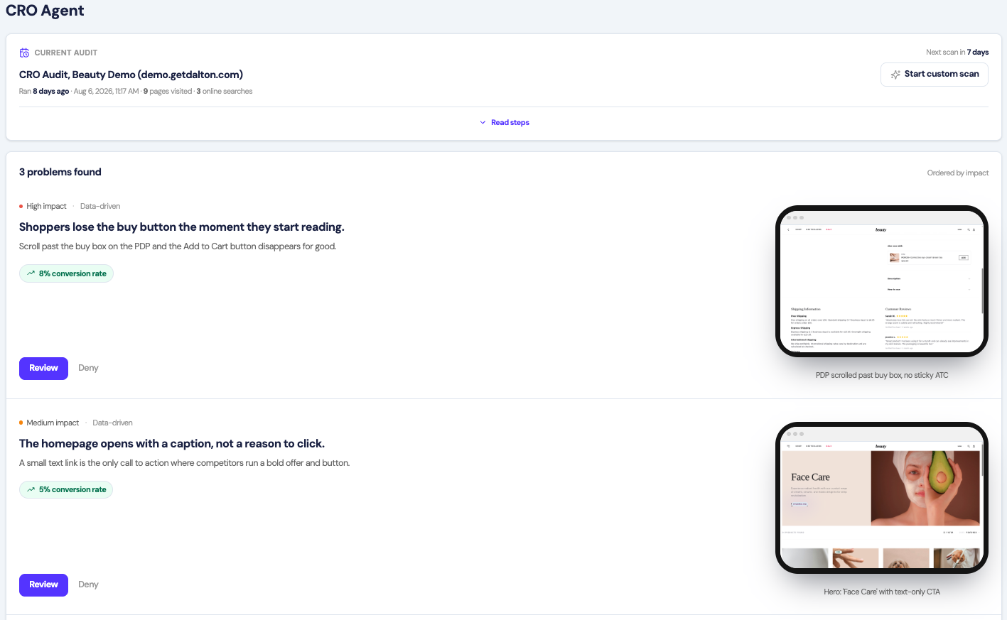 The CRO Agent page, showing an audit and the problems it found