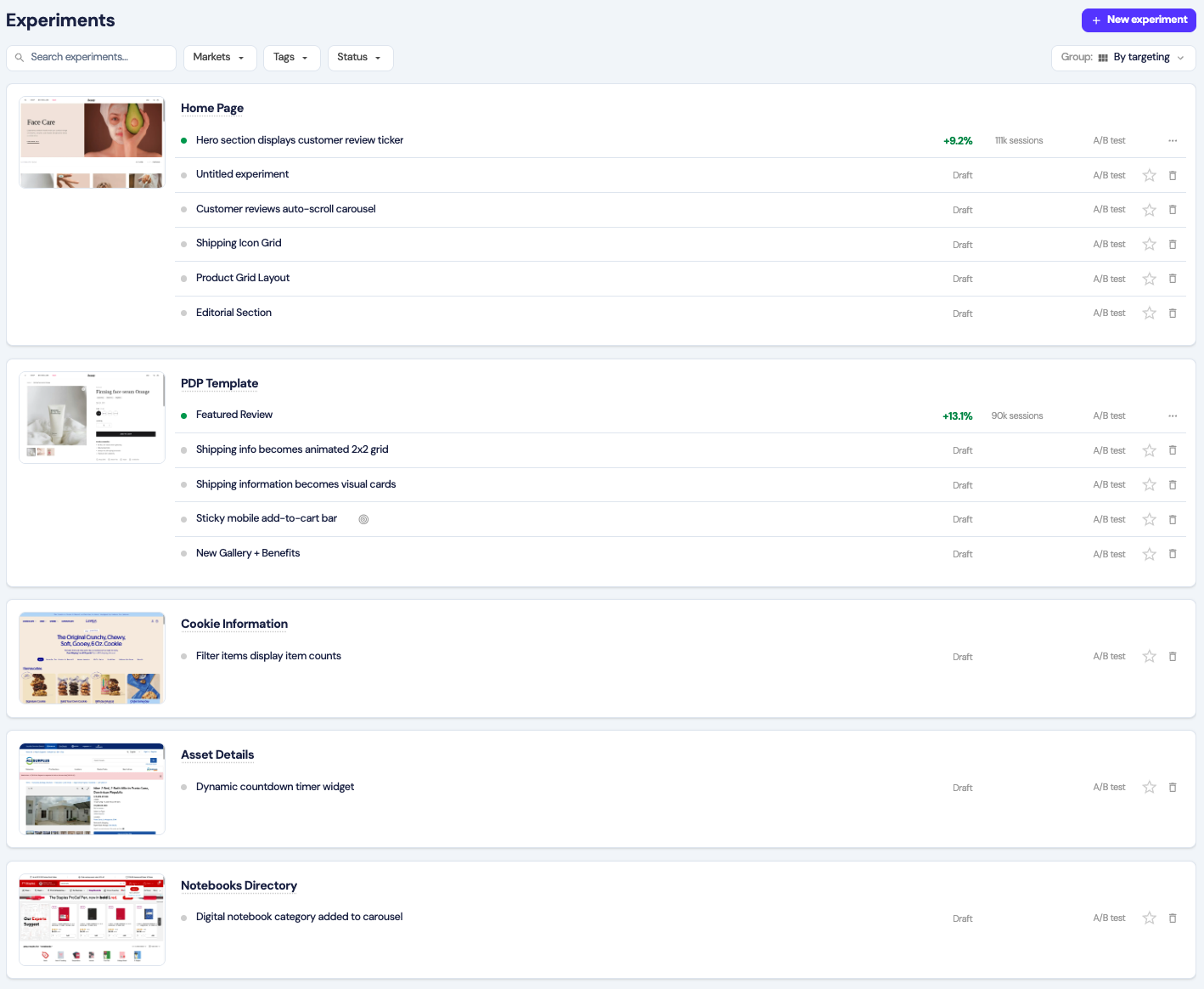 The Experiments page, with experiments grouped by the pages they target