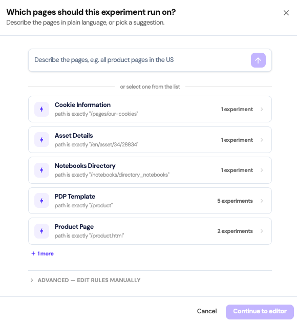 Choosing which pages an experiment should run on