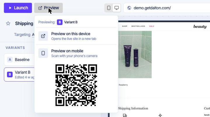 The Preview menu: preview on this device, or scan the QR code on your phone